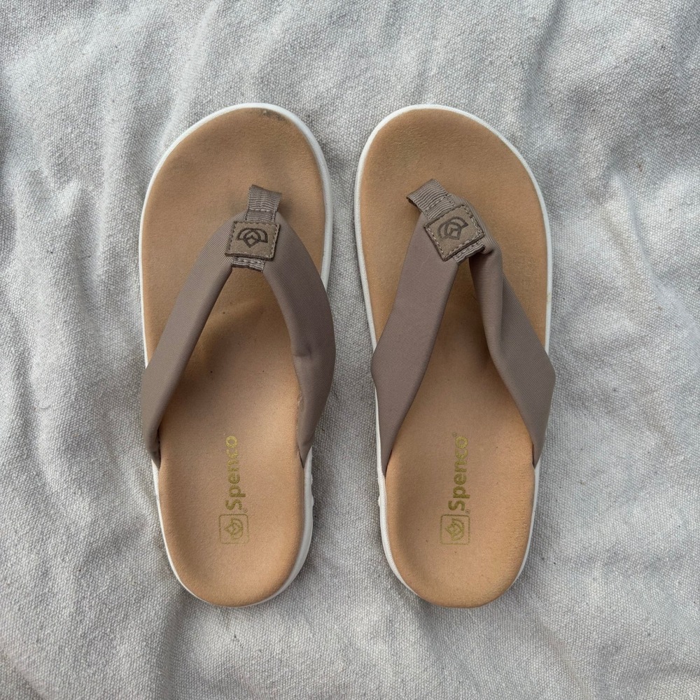 Spenco Yumi Orthotic Flip Flop Sandals Taupe Tan Women 7D Wide Comfort Thong